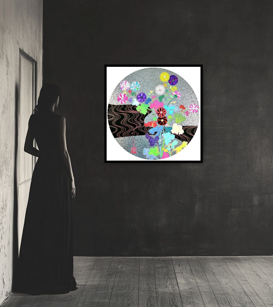 Print Kōrin: Tranquility in dark interior next to a lady