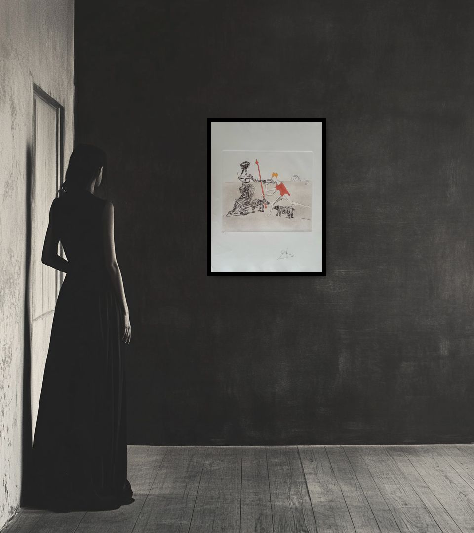 Print Pastorale in dark interior next to a lady