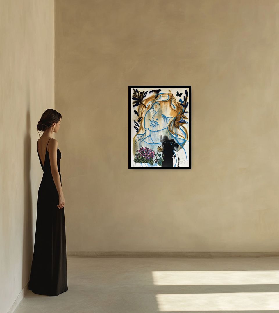 Print Les Saisons in warm interior next to a lady
