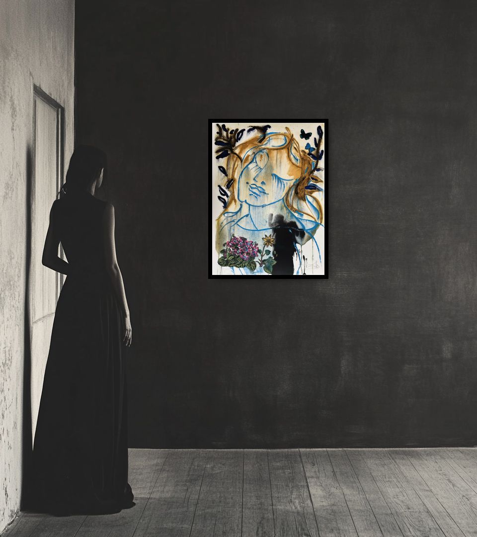 Print Les Saisons in dark interior next to a lady