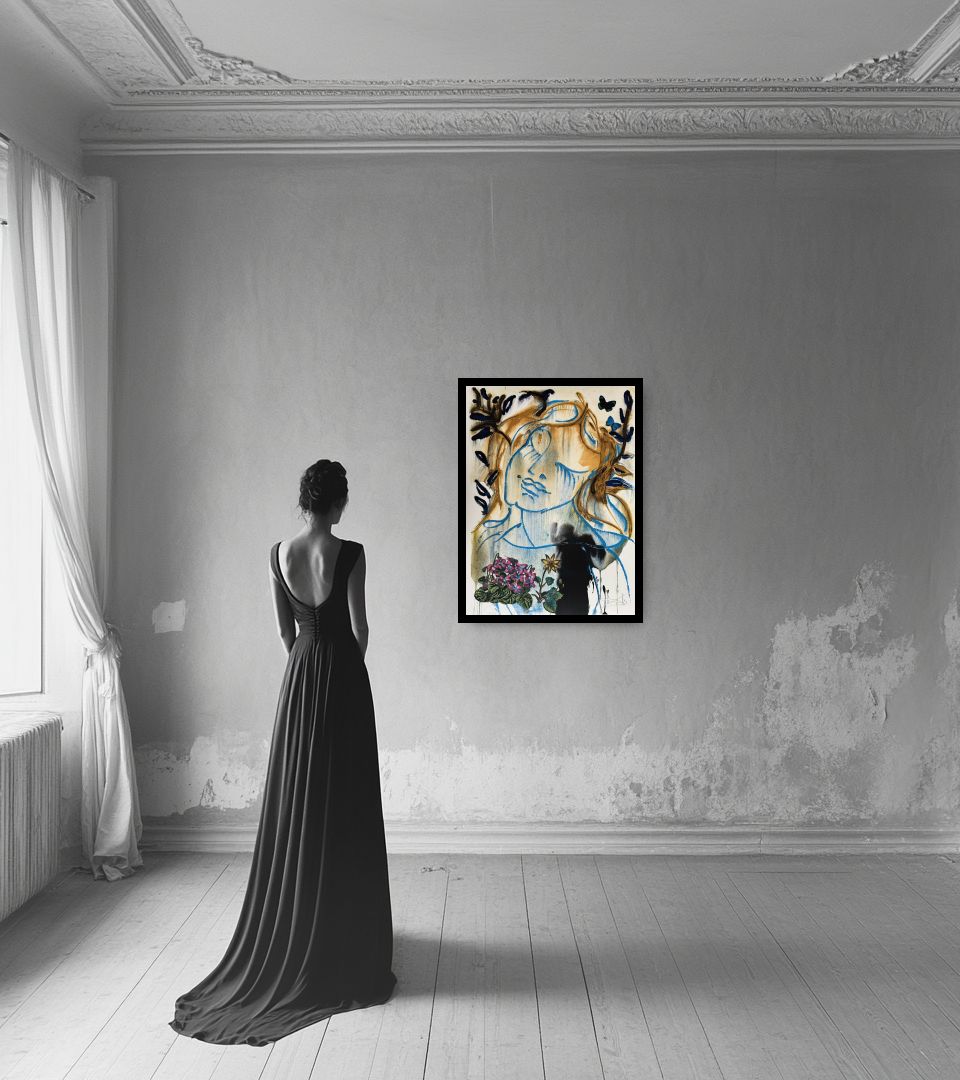 Print Les Saisons in light interior next to a lady