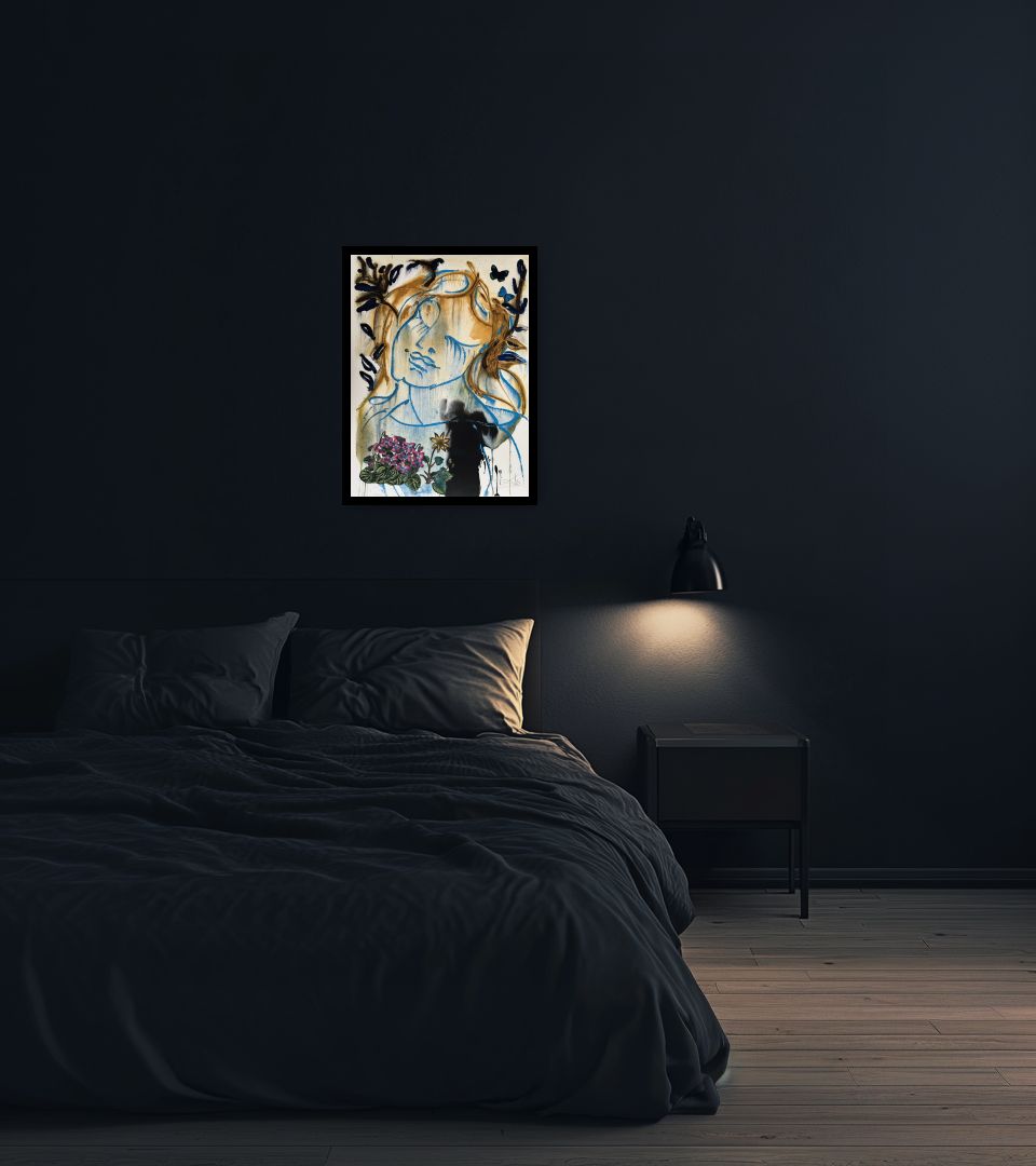 Print Les Saisons in dark bedroom