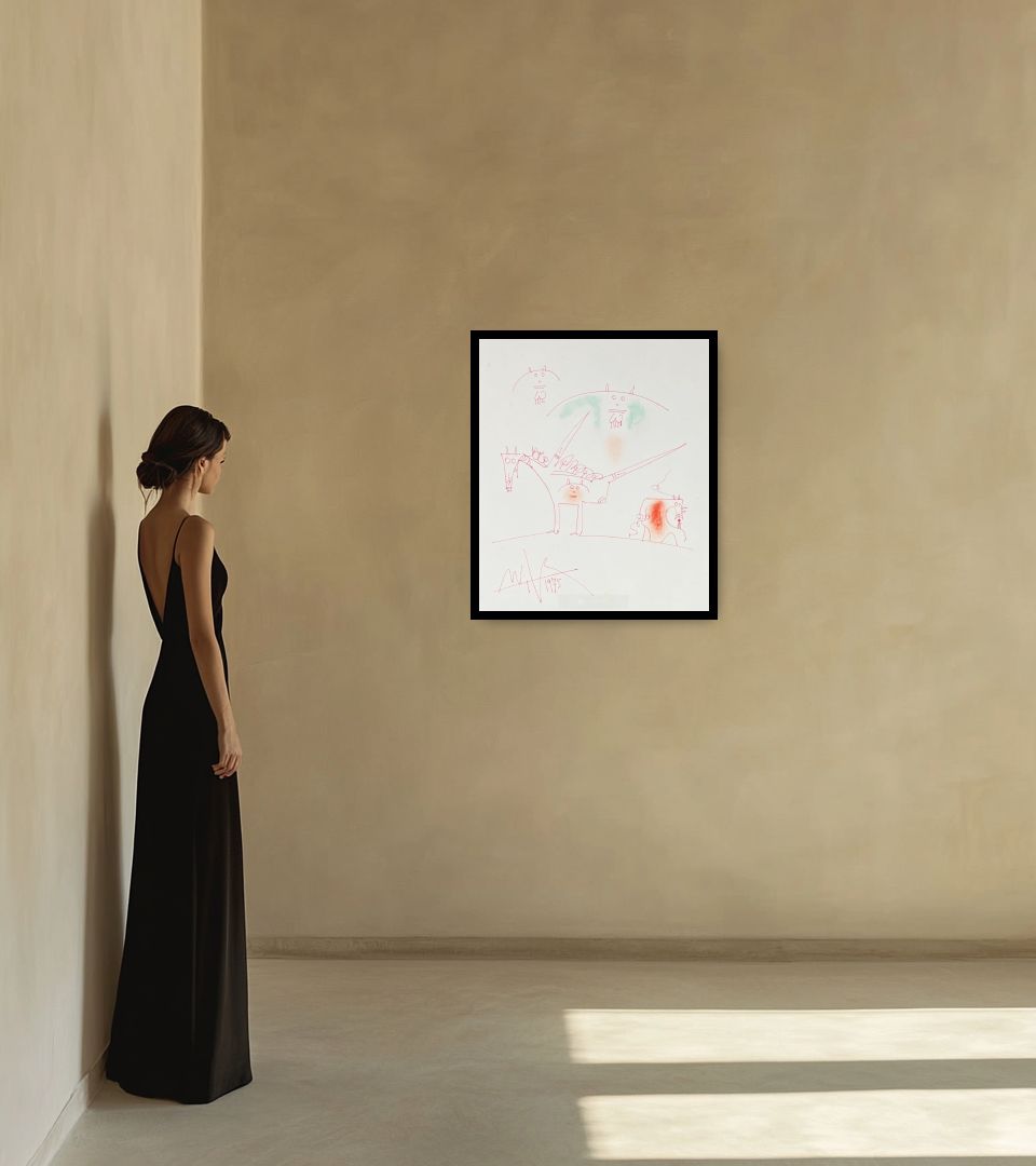 Drawing Untitled in warm interior next to a lady