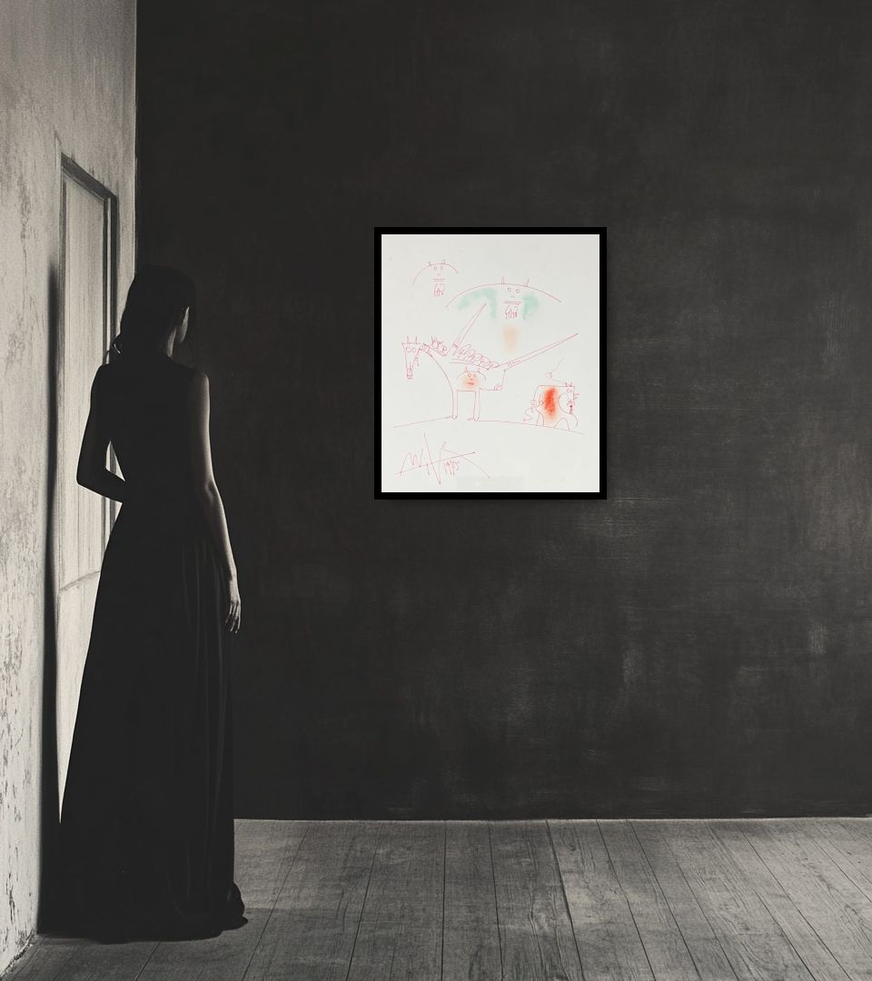 Drawing Untitled in dark interior next to a lady