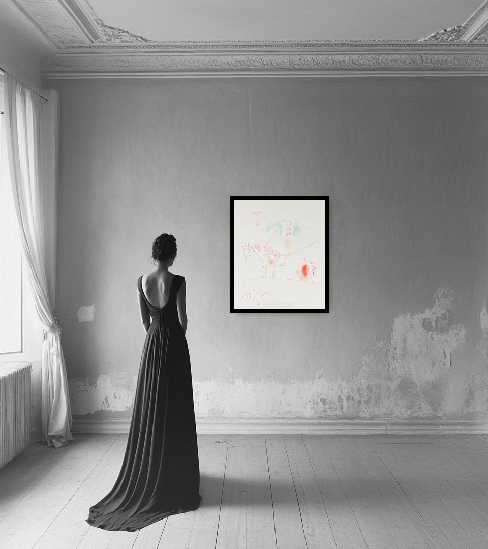Drawing Untitled in light interior next to a lady