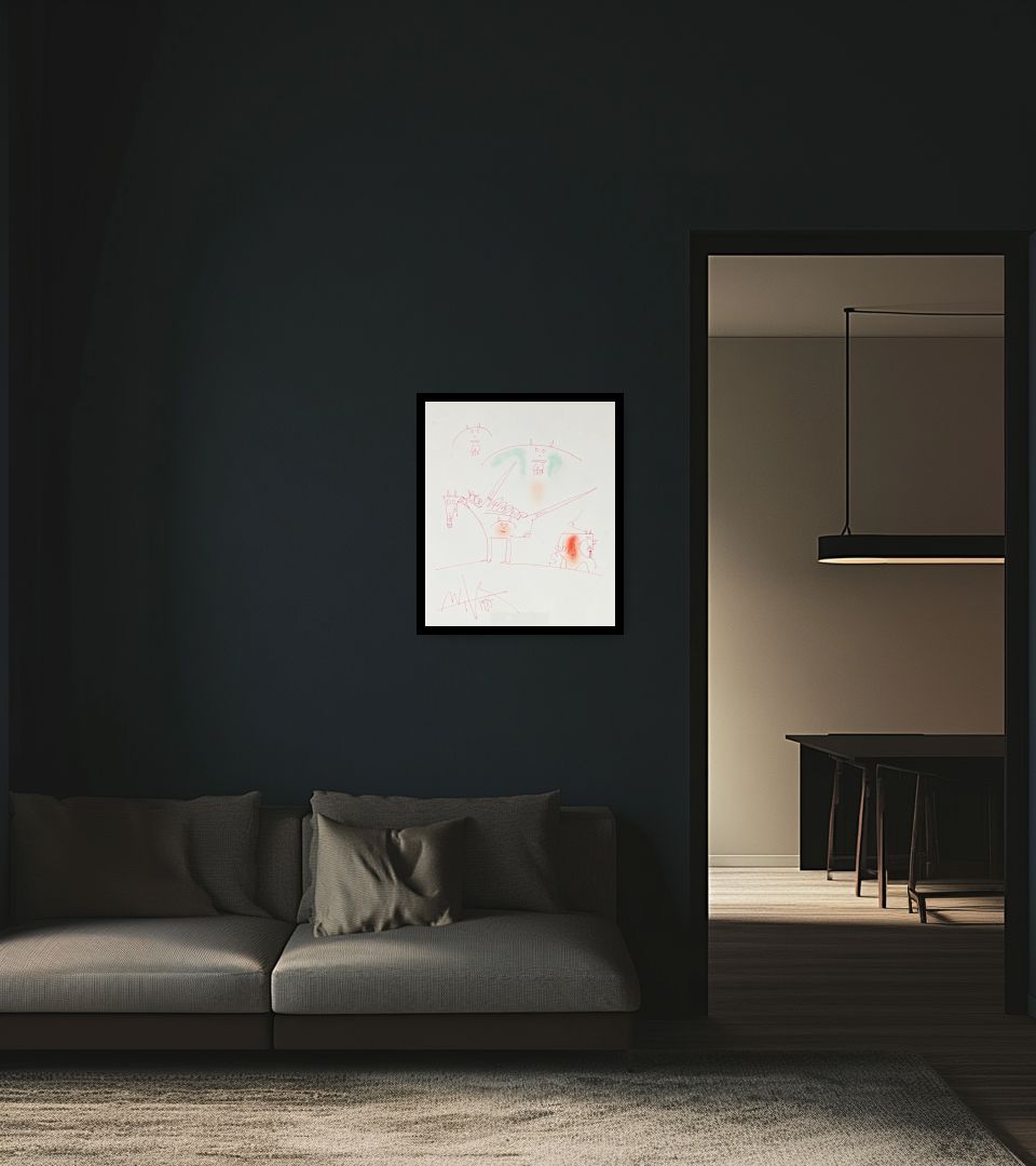 Drawing Untitled in dark living room