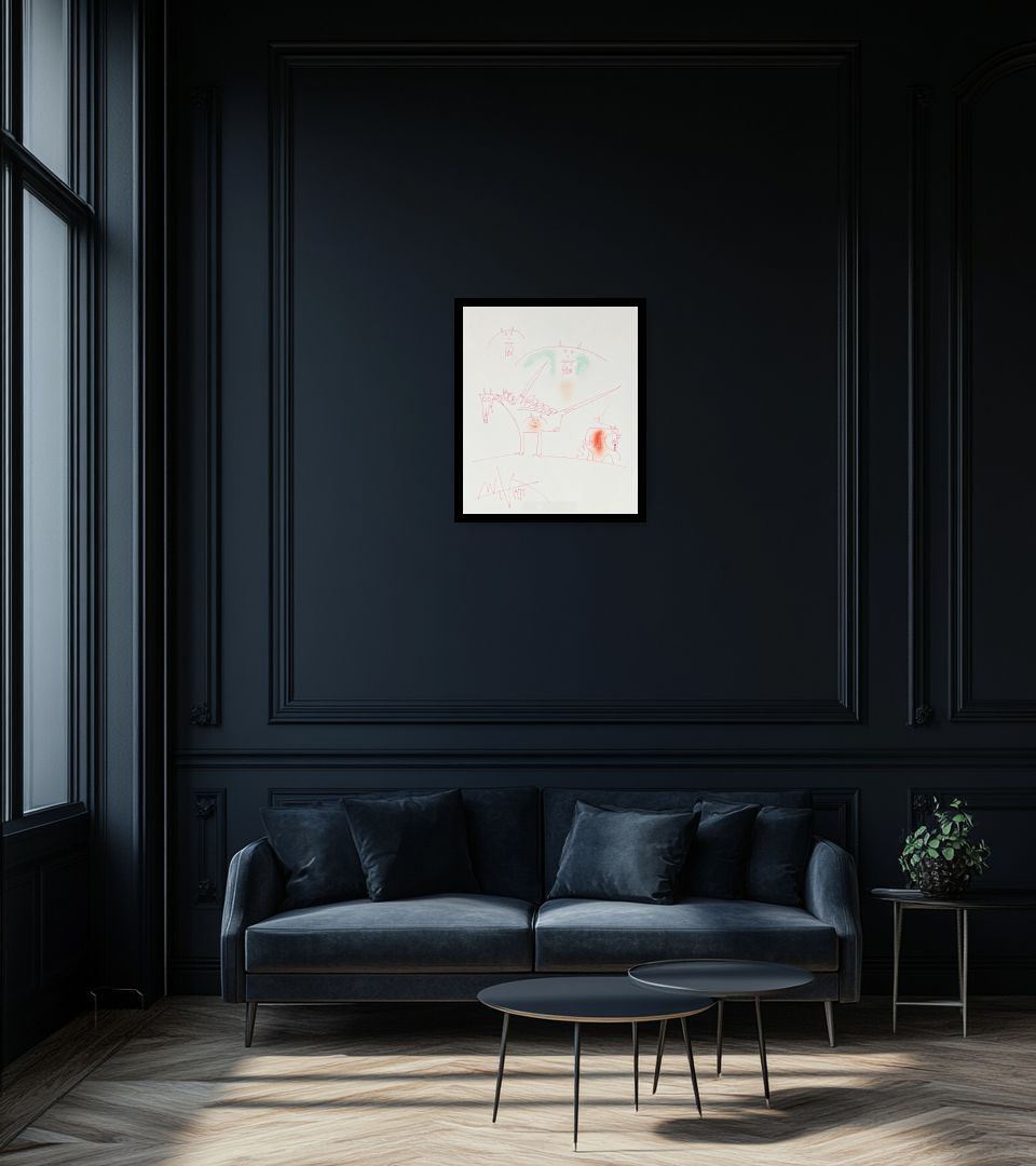 Drawing Untitled in dark living room