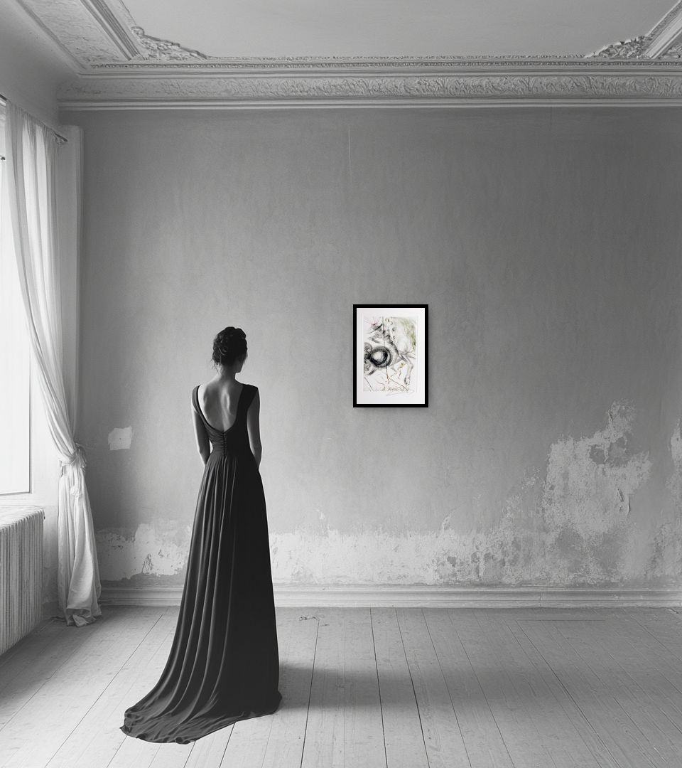 Print L'Enfer des beautés cruelles in light interior next to a lady