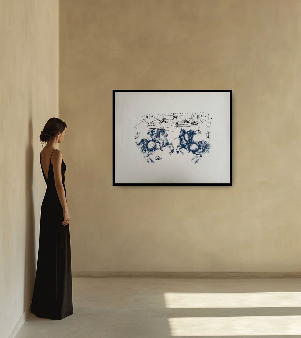Print Combat des Cavaliers in warm interior next to a lady