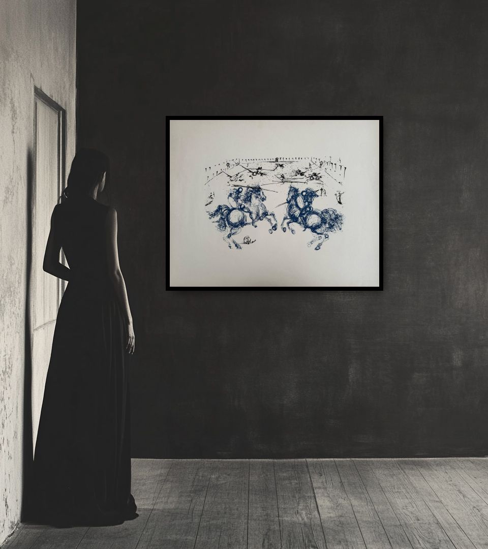 Print Combat des Cavaliers in dark interior next to a lady