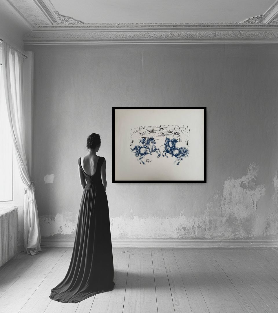 Print Combat des Cavaliers in light interior next to a lady