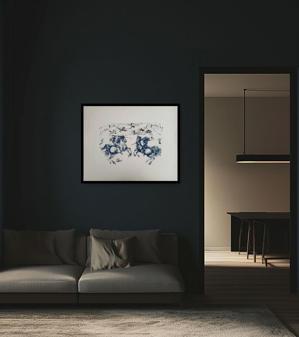 Print Combat des Cavaliers in dark living room