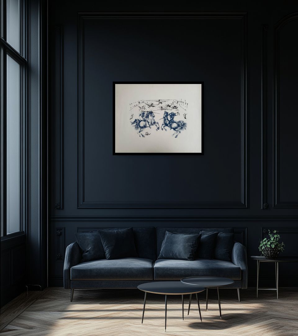 Print Combat des Cavaliers in dark living room