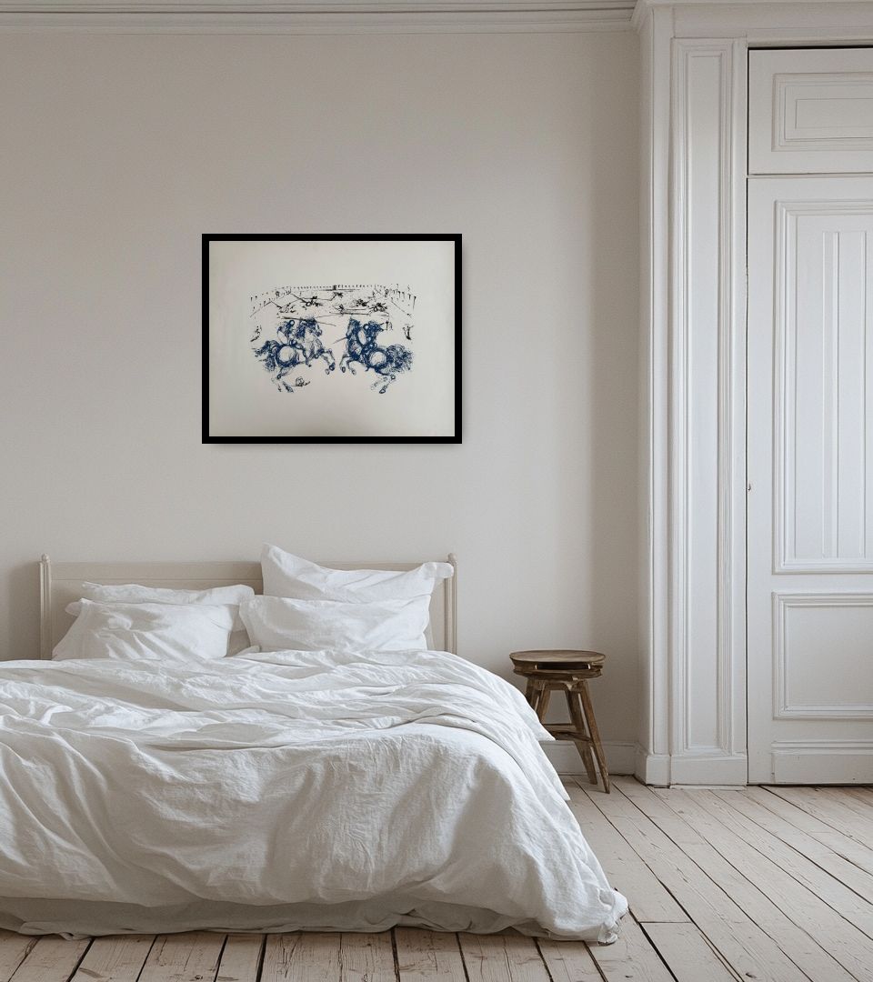 Print Combat des Cavaliers in light bedroom