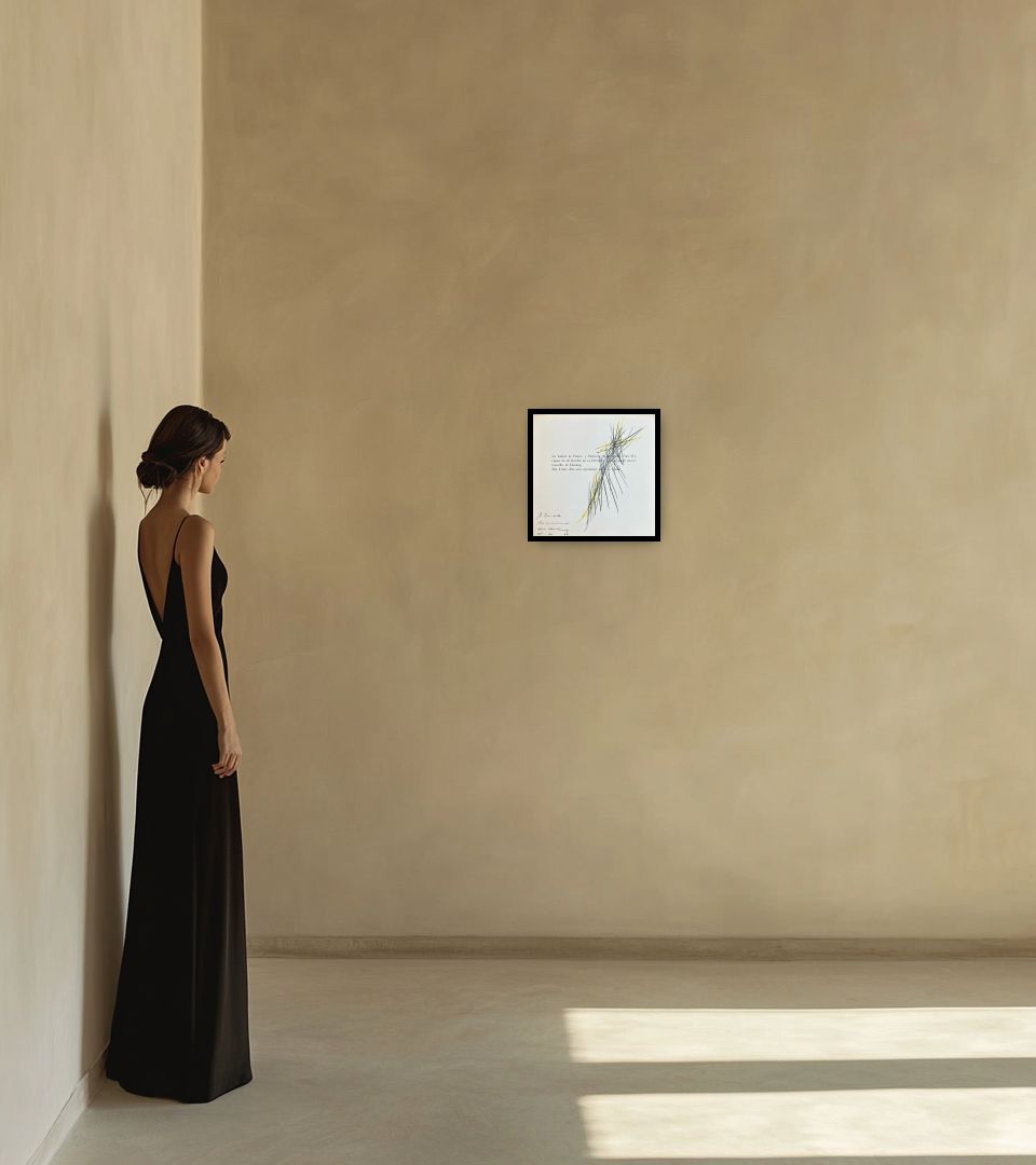 Drawing Untitled in warm interior next to a lady