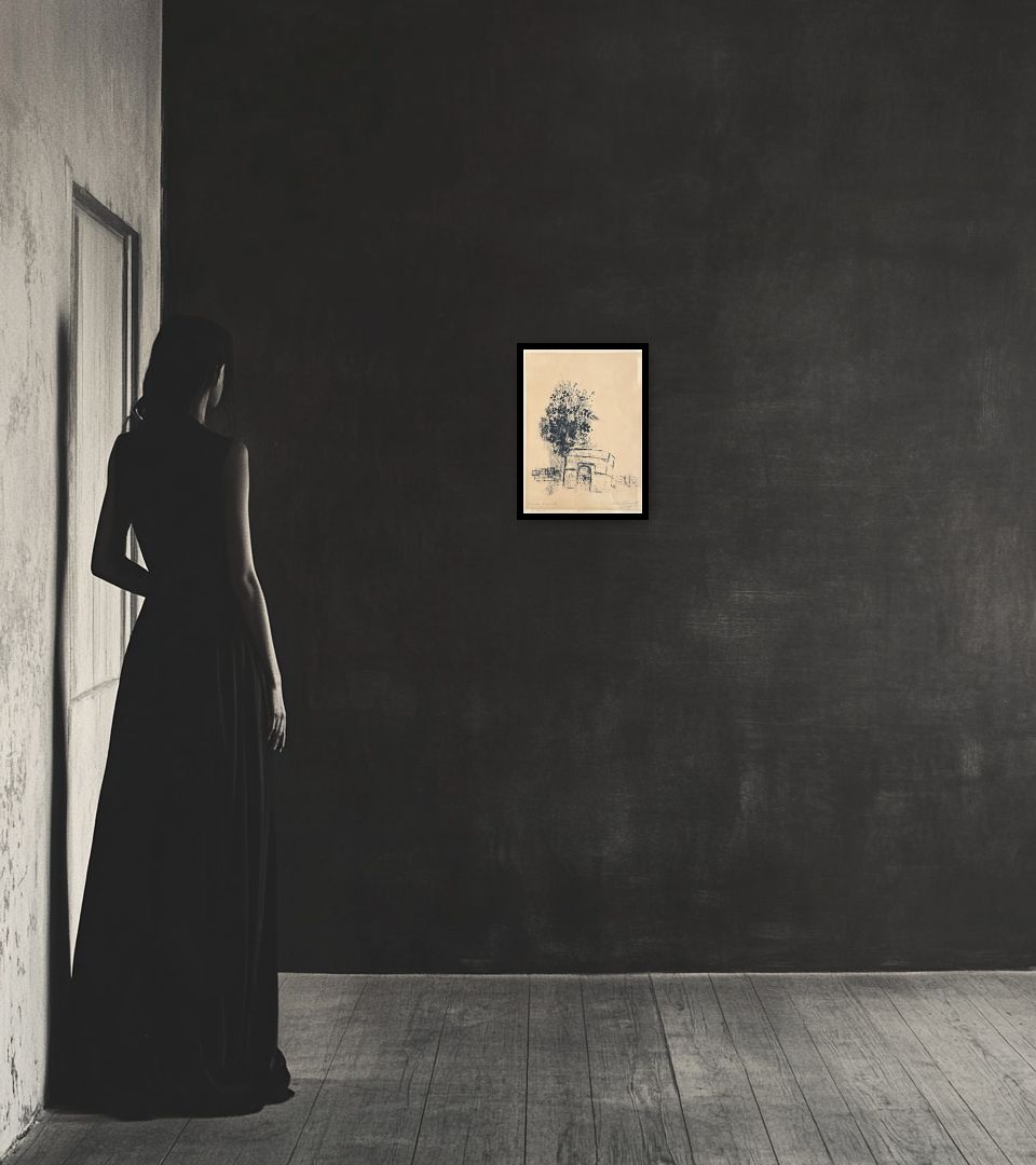 Print L'Arc de triomphe in dark interior next to a lady