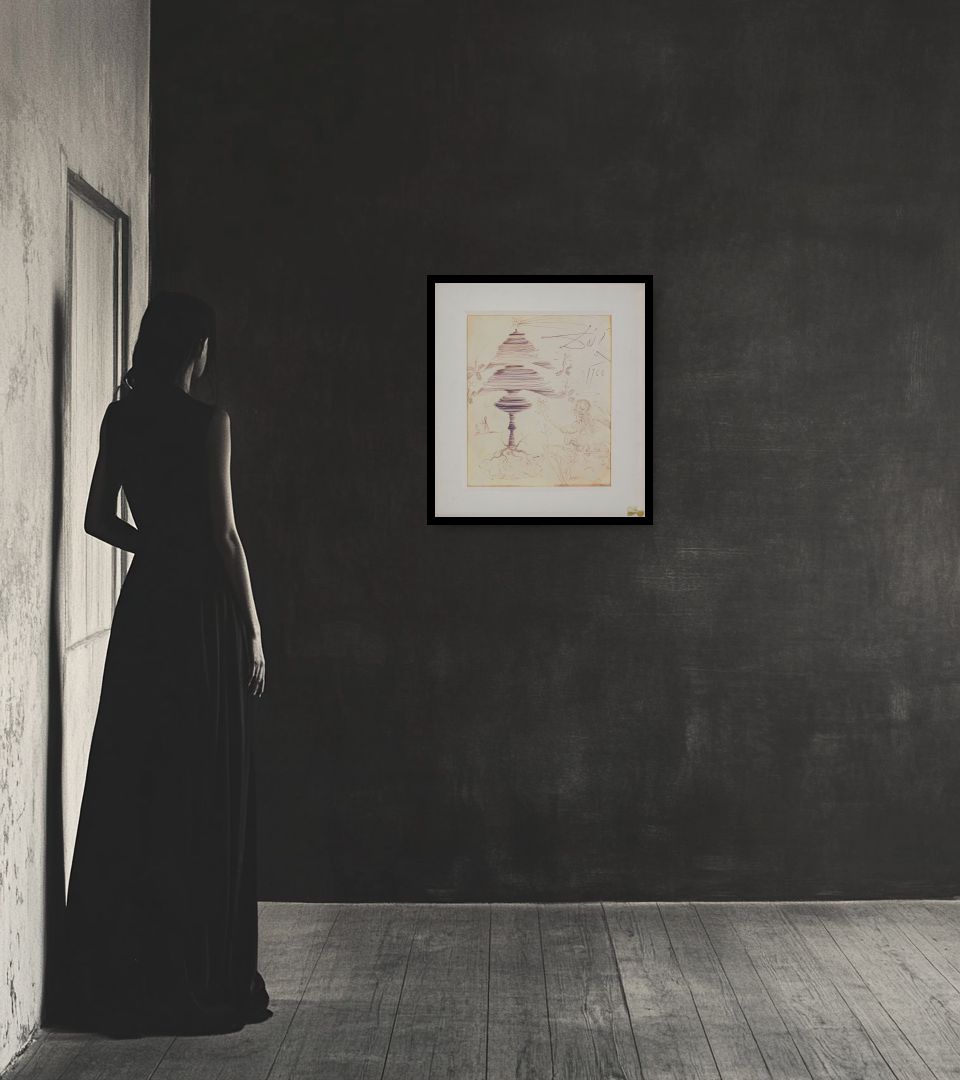 Drawing Albero di Natale in dark interior next to a lady