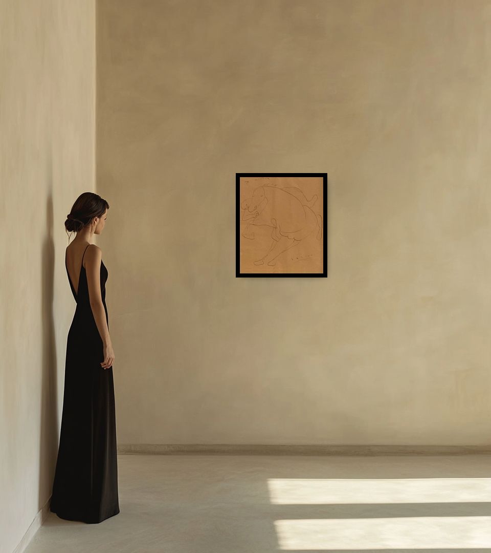 Drawing Il cavaliere in warm interior next to a lady