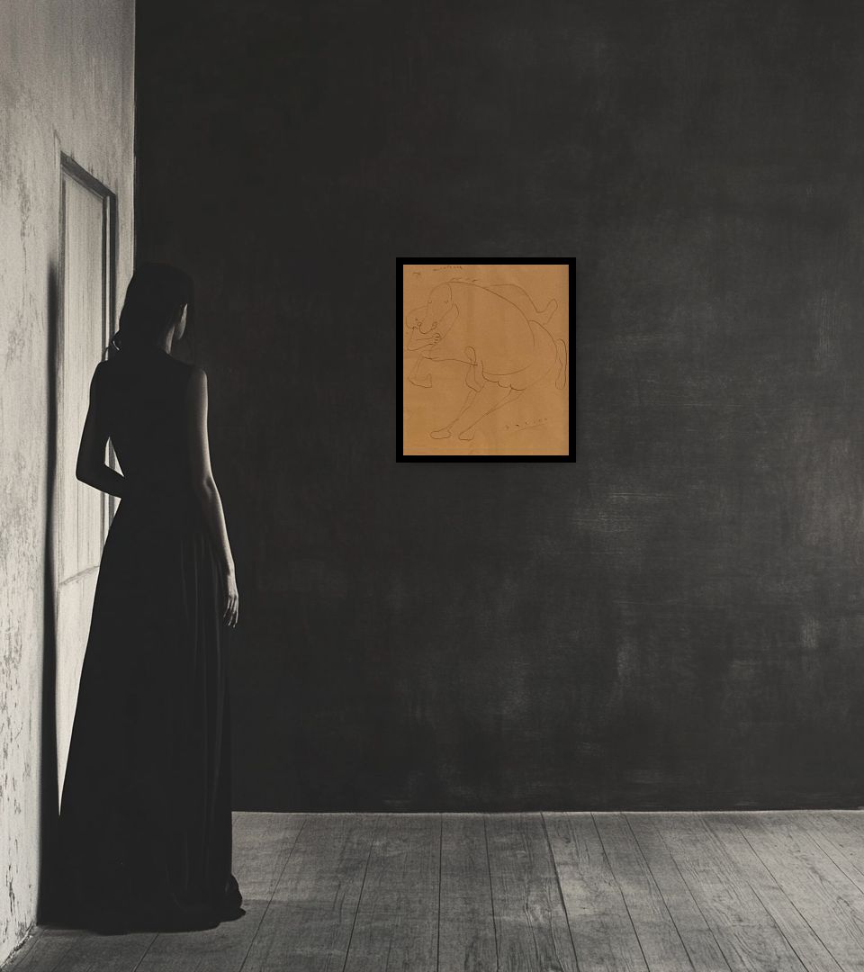 Drawing Il cavaliere in dark interior next to a lady