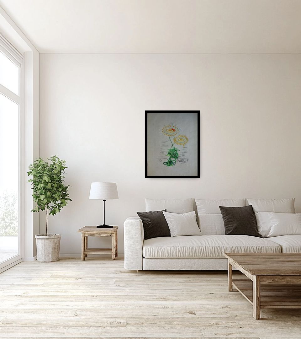 Print Marguerite mit Spiegeleiern in light living room