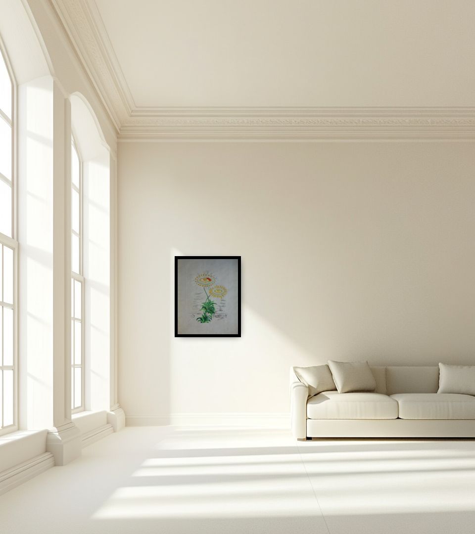 Print Marguerite mit Spiegeleiern in large empty light living room