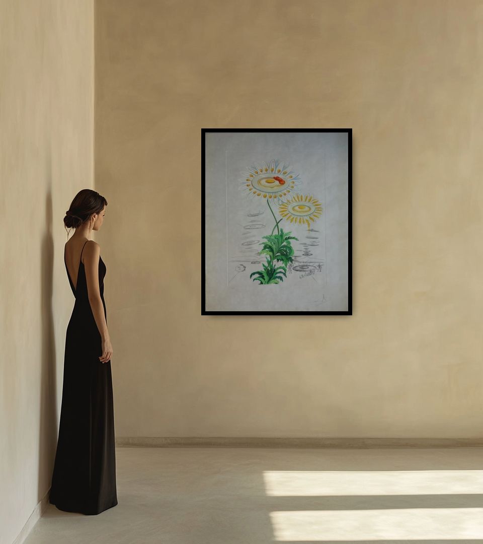 Print Marguerite mit Spiegeleiern in warm interior next to a lady