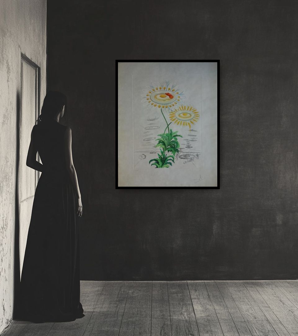 Print Marguerite mit Spiegeleiern in dark interior next to a lady