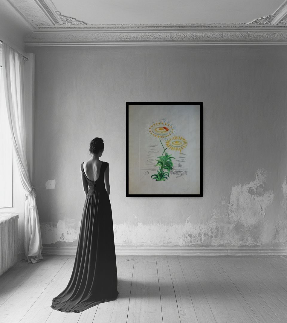 Print Marguerite mit Spiegeleiern in light interior next to a lady