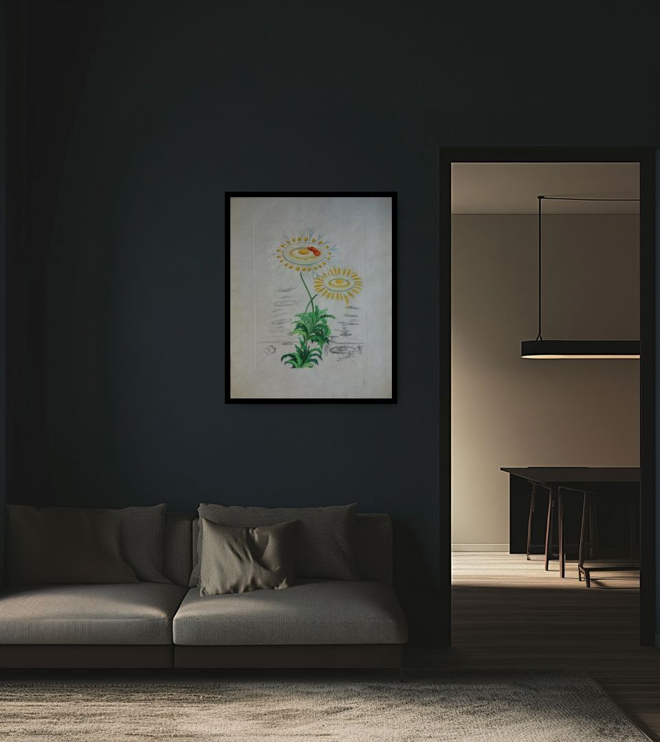 Print Marguerite mit Spiegeleiern in dark living room