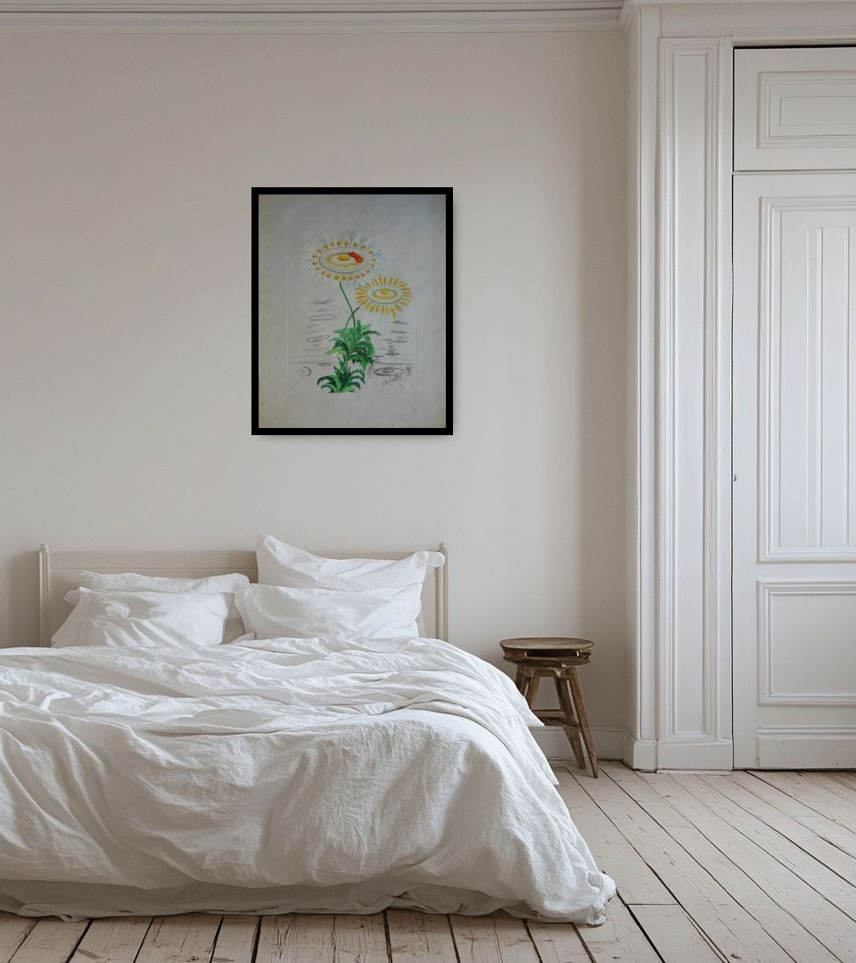 Print Marguerite mit Spiegeleiern in light bedroom