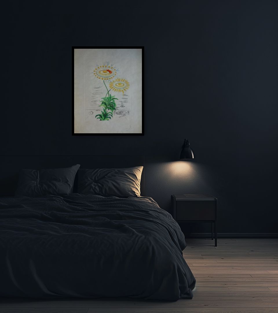 Print Marguerite mit Spiegeleiern in dark bedroom