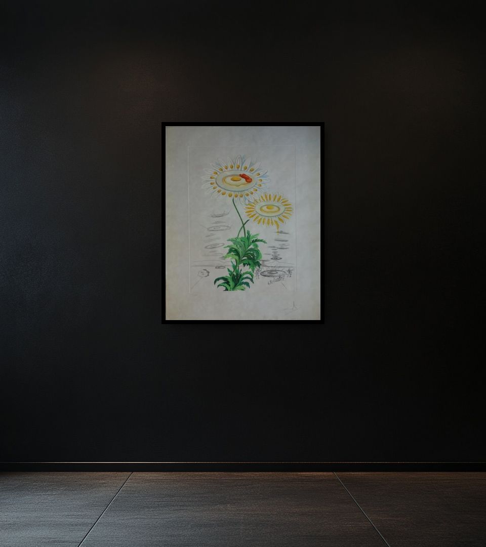 Print Marguerite mit Spiegeleiern on dark wall