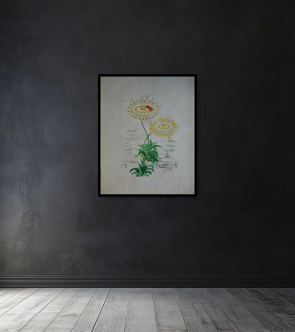 Print Marguerite mit Spiegeleiern on dark wall