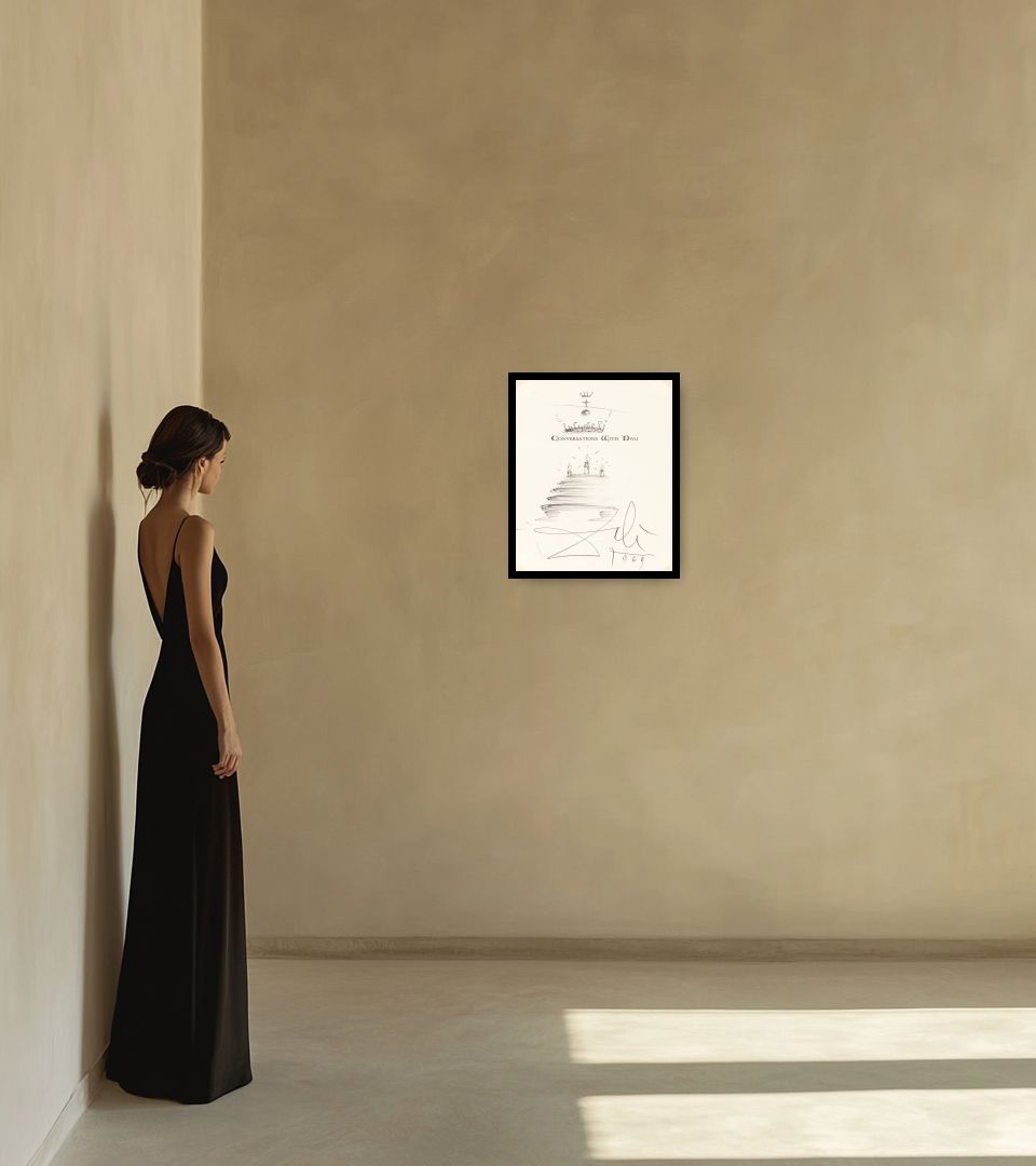 Drawing Conversations with Dali in warm interior next to a lady