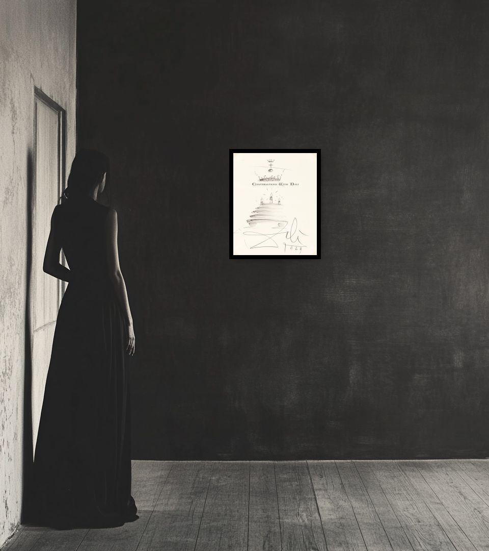 Drawing Conversations with Dali in dark interior next to a lady