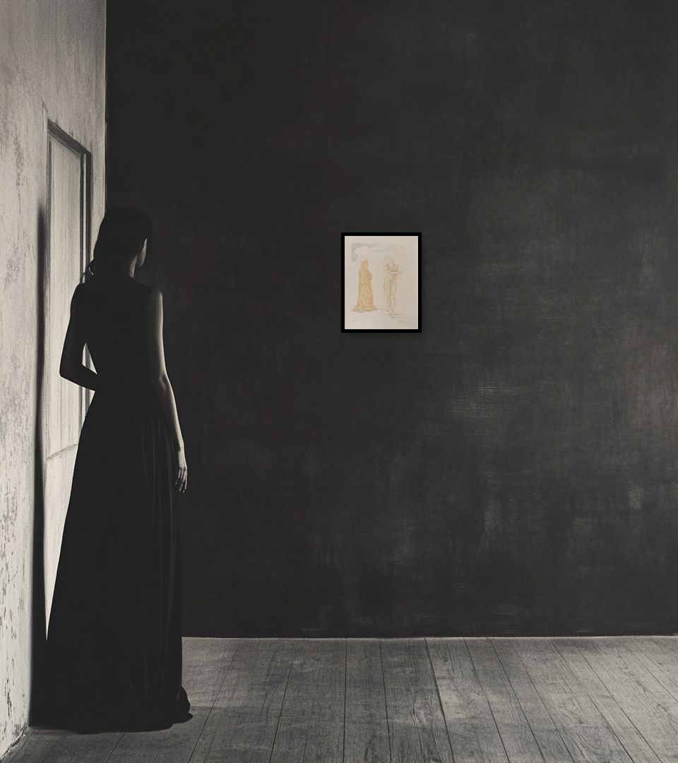 Print Artworks from Divine Comedy in dark interior next to a lady