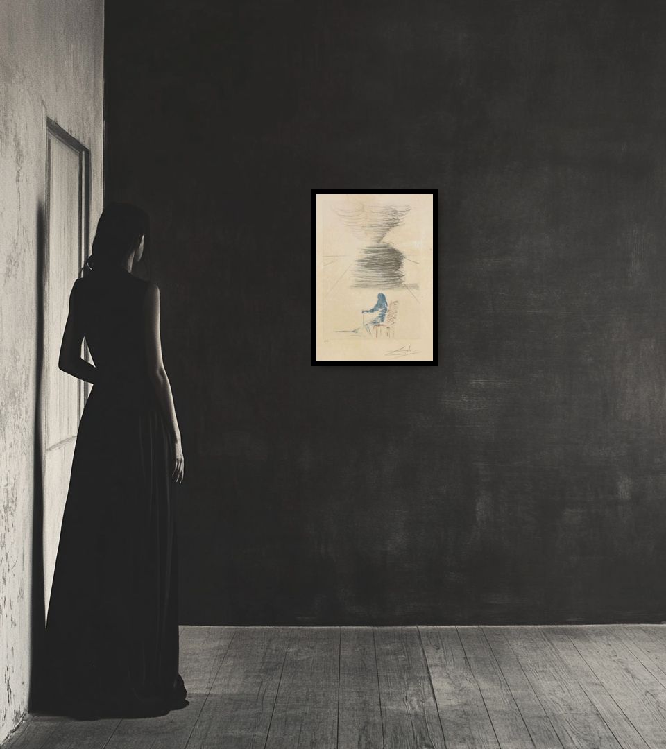Print Artworks from Much Ado About Shakespeare in dark interior next to a lady