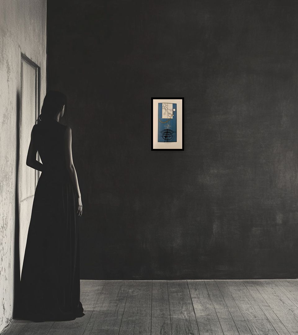 Print Nauta Celeste in dark interior next to a lady
