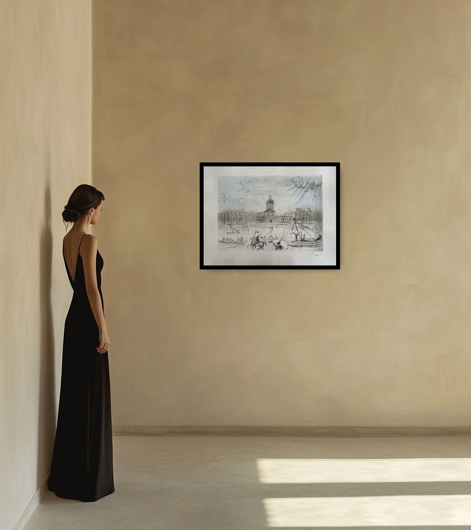 Print L'Académie de Beaux Arts Paris in warm interior next to a lady