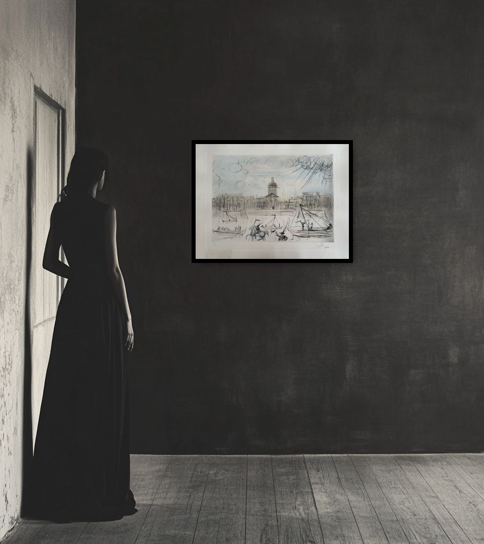Print L'Académie de Beaux Arts Paris in dark interior next to a lady