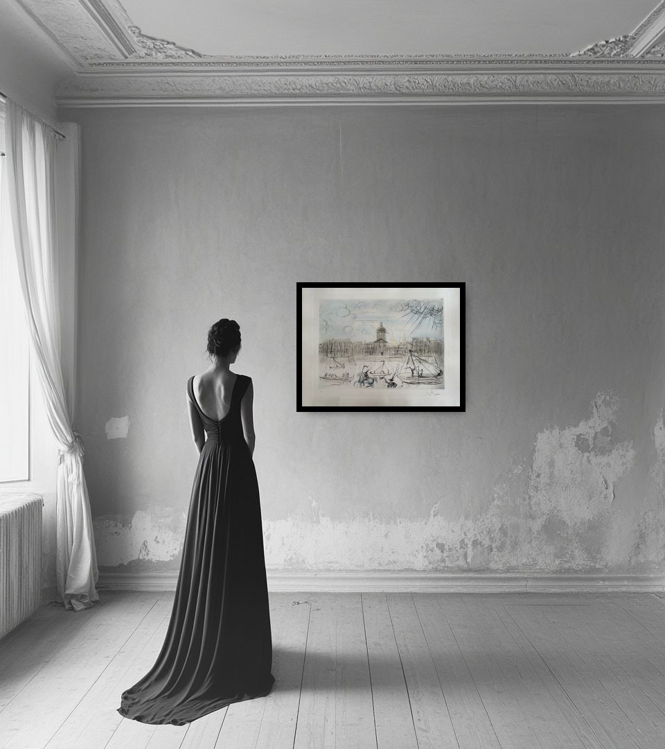 Print L'Académie de Beaux Arts Paris in light interior next to a lady