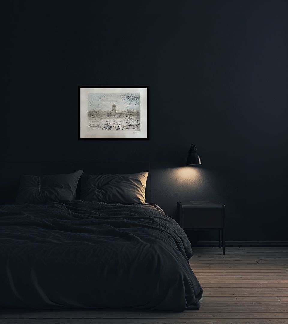 Print L'Académie de Beaux Arts Paris in dark bedroom