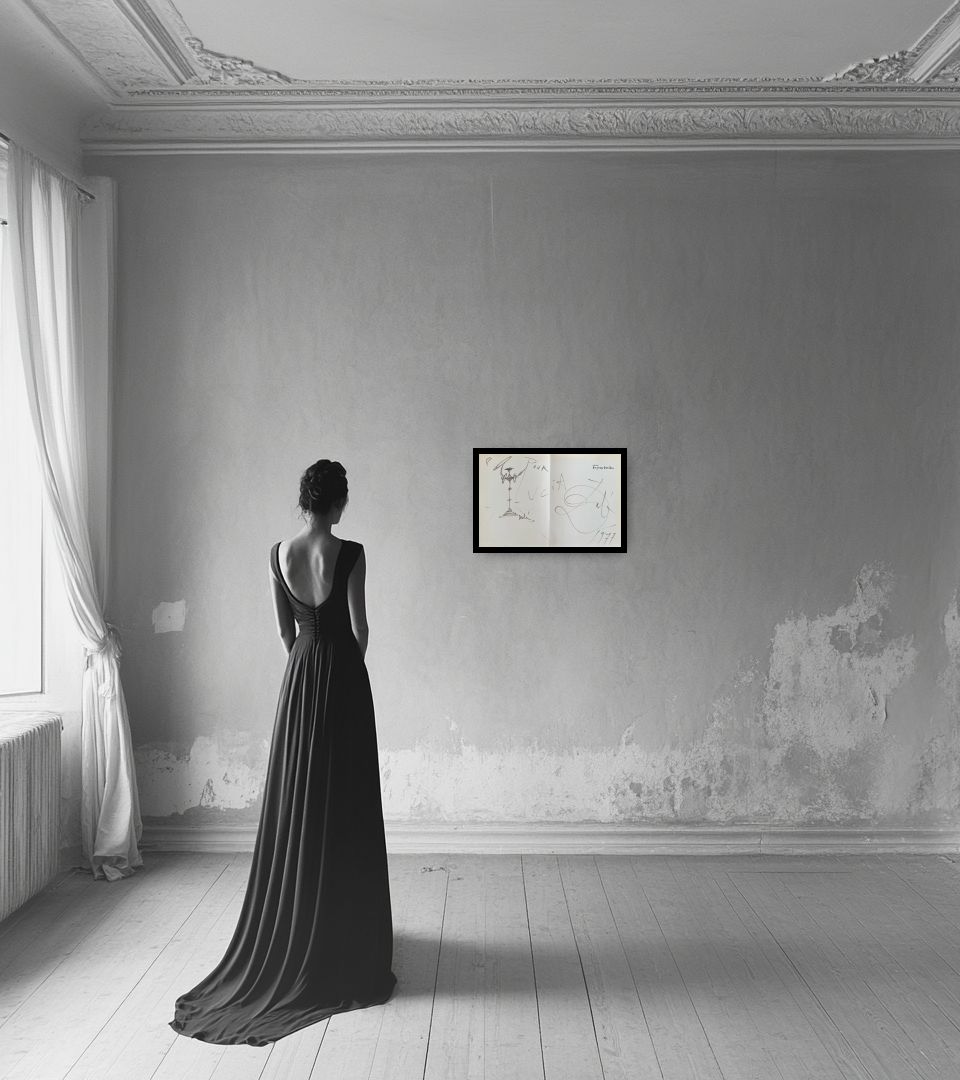Drawing Untitled in light interior next to a lady