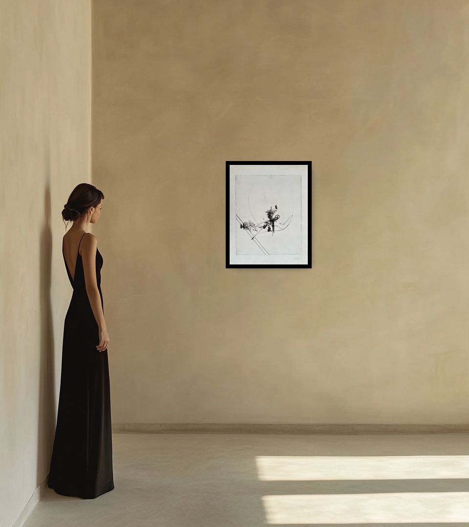 Print Abstract composition in warm interior next to a lady