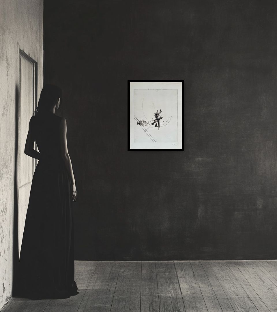 Print Abstract composition in dark interior next to a lady