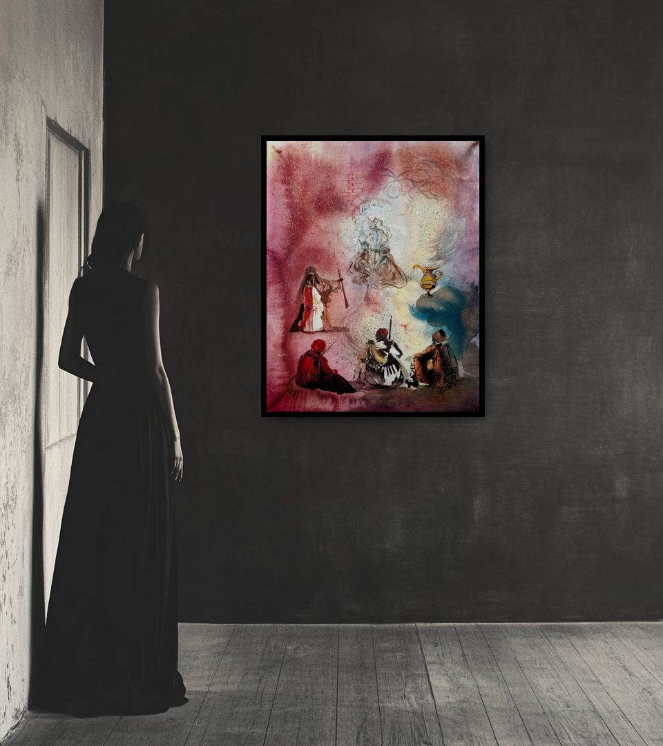 Print La Lampe d'Aladin in dark interior next to a lady