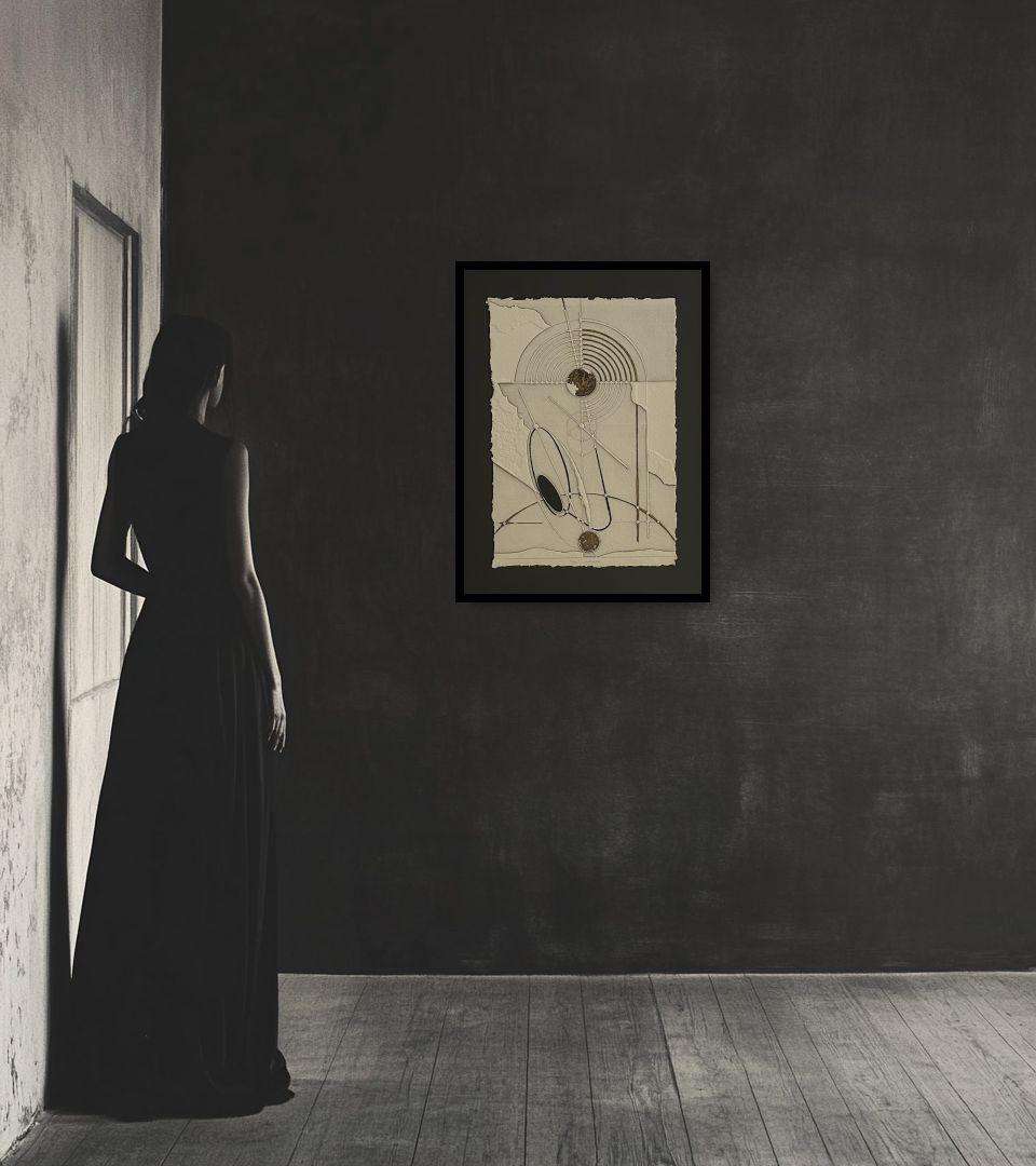 Print Senza Titolo in dark interior next to a lady