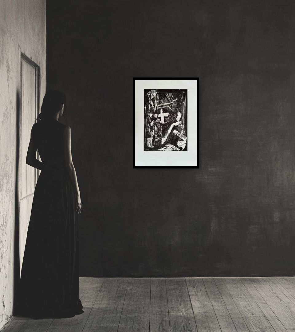 Print Senza Titolo in dark interior next to a lady