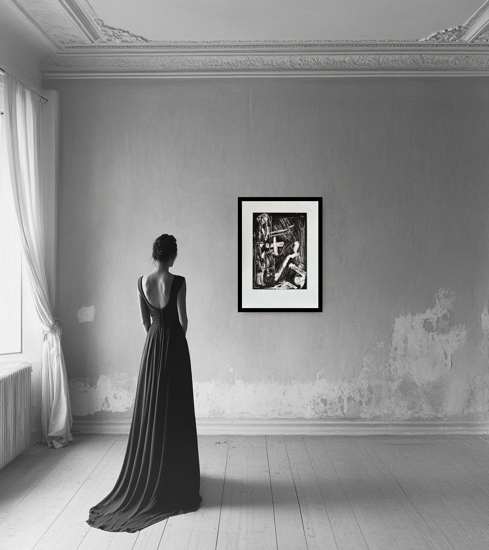 Print Senza Titolo in light interior next to a lady