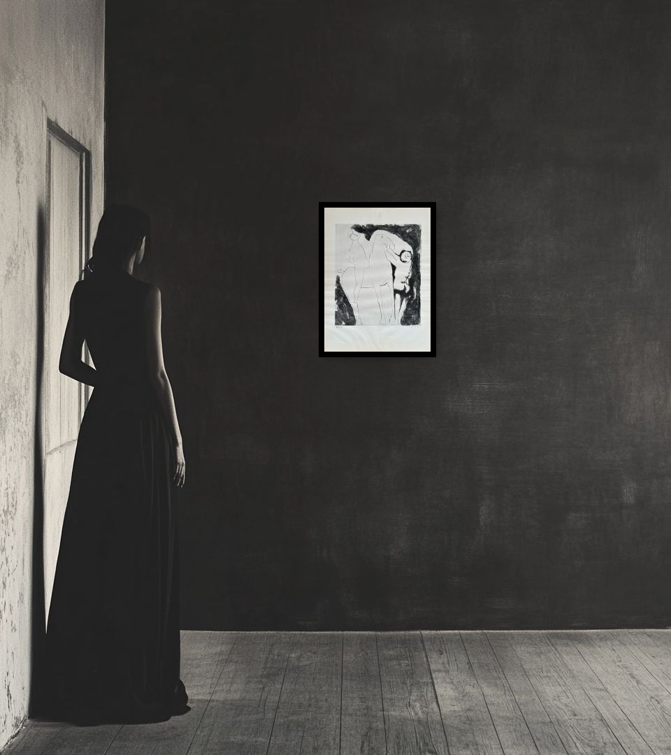 Print Il sogno del cavaliere in dark interior next to a lady